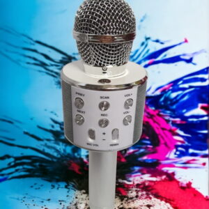 Microfon karaoke argintiu cu bluetooth și boxă