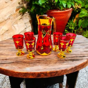 Set carafă cu 6 pahare roșii din sticlă