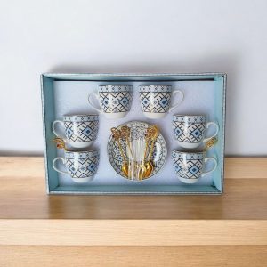 Set cafea ceramic cu model geometric albastru