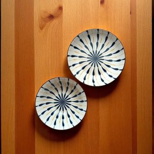 Set veselă ceramic cu model abstract radial albastru