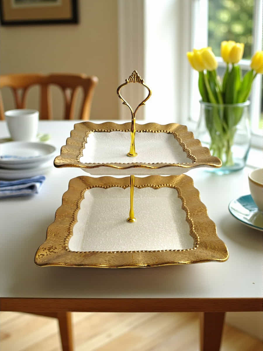 Etajeră ceramică elegantă cu platouri aurii Etajeră ceramică elegantă cu platouri aurii